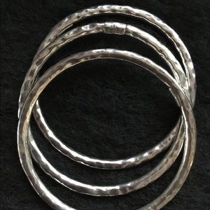 Handmade Hammered Silver Bangle Bracelets Set if 3. Made in Mexico